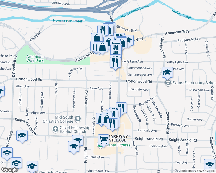map of restaurants, bars, coffee shops, grocery stores, and more near 2941 Allshore Street in Memphis