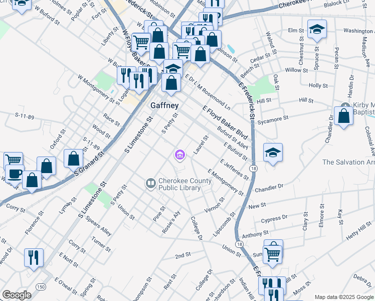 map of restaurants, bars, coffee shops, grocery stores, and more near 322 East Montgomery Street in Gaffney