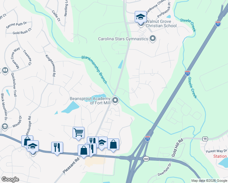 map of restaurants, bars, coffee shops, grocery stores, and more near 3201-3245 Pleasant Road in Fort Mill
