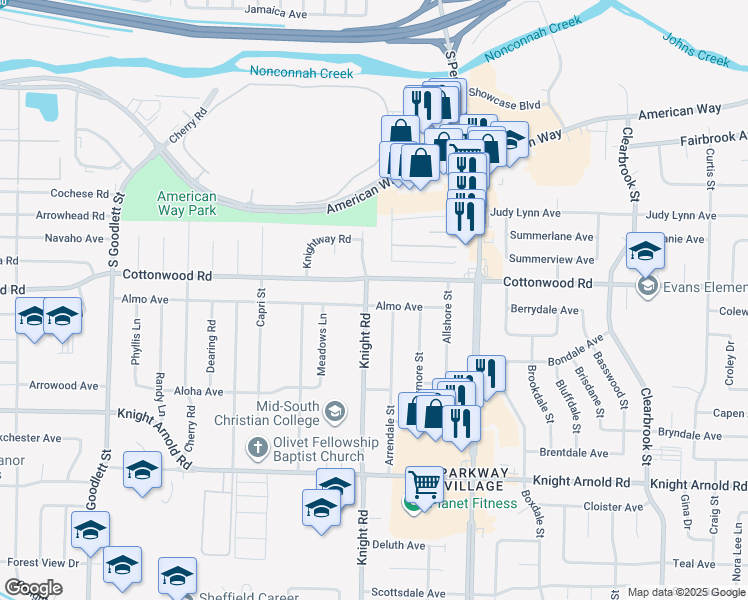 map of restaurants, bars, coffee shops, grocery stores, and more near 2940 Knight Road in Memphis