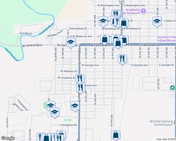 map of restaurants, bars, coffee shops, grocery stores, and more near 413 West Alabama Avenue in Anadarko