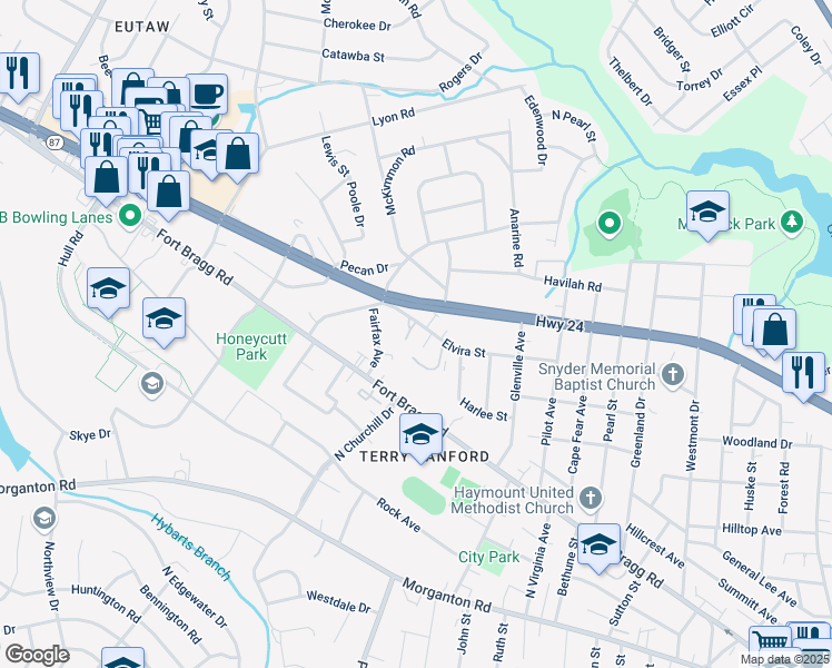 map of restaurants, bars, coffee shops, grocery stores, and more near 2108 Wexford Oaks Court in Fayetteville