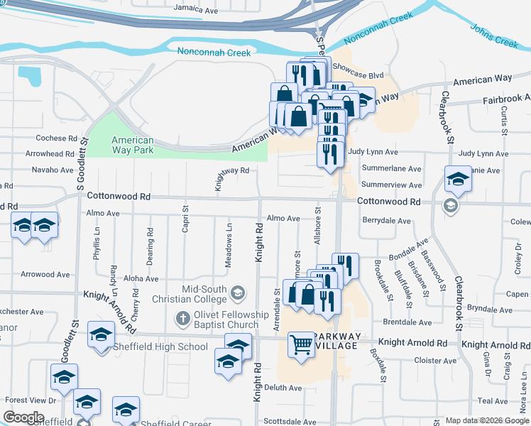 map of restaurants, bars, coffee shops, grocery stores, and more near 2940 Knight Road in Memphis