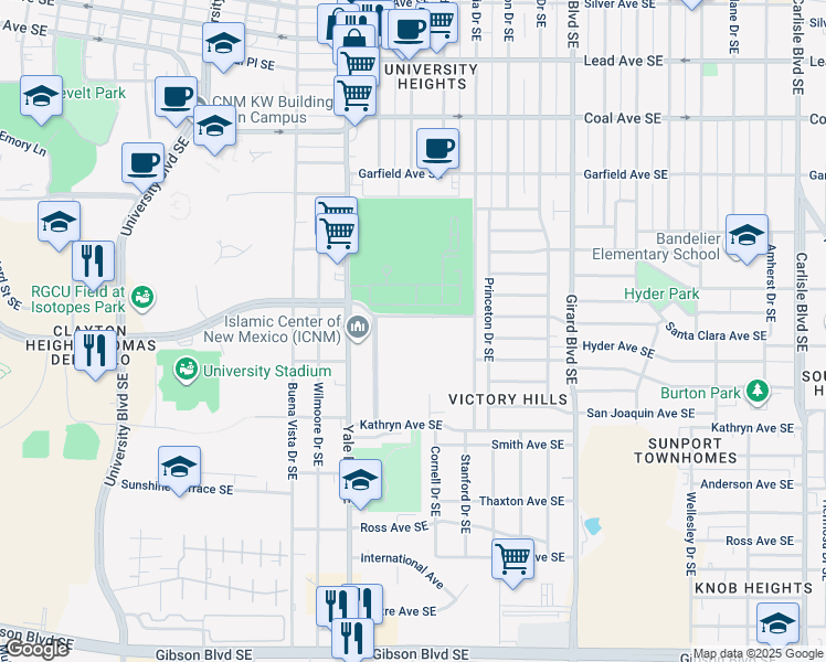 map of restaurants, bars, coffee shops, grocery stores, and more near 1200 Dickerson Drive Southeast in Albuquerque