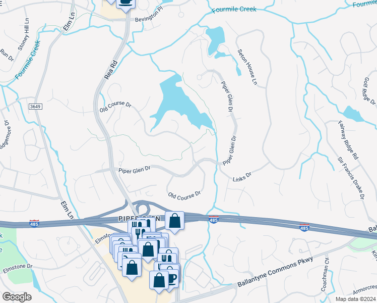 map of restaurants, bars, coffee shops, grocery stores, and more near 4525 Old Course Drive in Charlotte