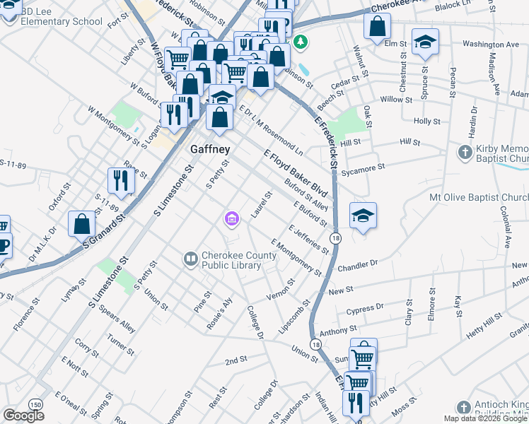 map of restaurants, bars, coffee shops, grocery stores, and more near 201 Laurel Street in Gaffney