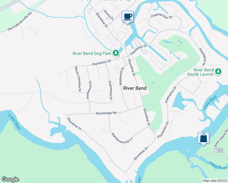 map of restaurants, bars, coffee shops, grocery stores, and more near 276 Gatewood Drive in New Bern