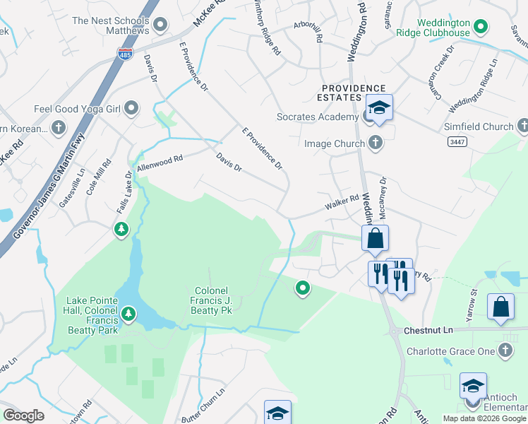 map of restaurants, bars, coffee shops, grocery stores, and more near 2625 Walker Road in Matthews