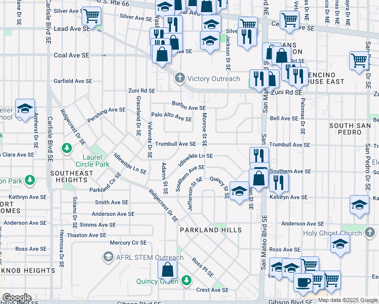 map of restaurants, bars, coffee shops, grocery stores, and more near 4655 Idlewilde Lane Southeast in Albuquerque