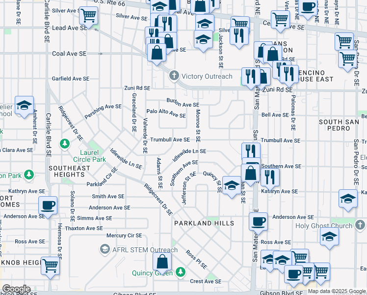 map of restaurants, bars, coffee shops, grocery stores, and more near 4655 Idlewilde Lane Southeast in Albuquerque
