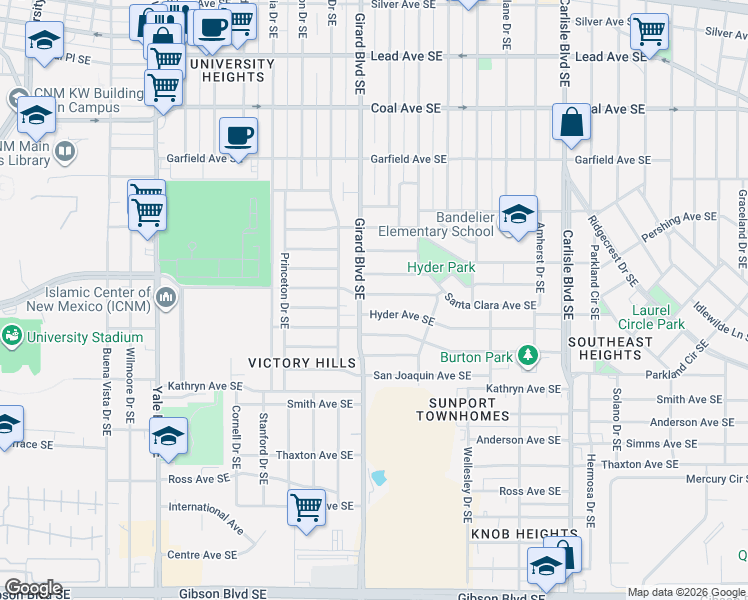 map of restaurants, bars, coffee shops, grocery stores, and more near 2909 Hyder Avenue Southeast in Albuquerque