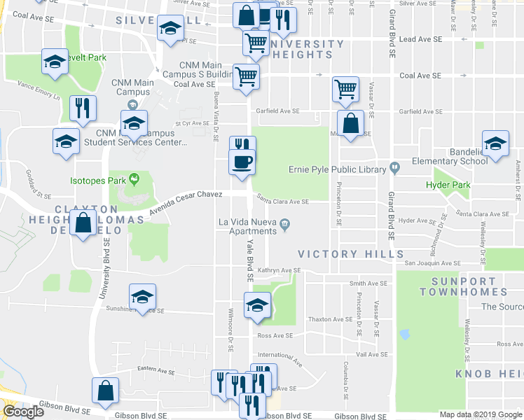 map of restaurants, bars, coffee shops, grocery stores, and more near 1100 Yale Boulevard Southeast in Albuquerque