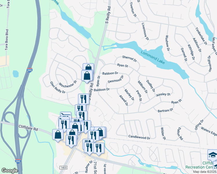 map of restaurants, bars, coffee shops, grocery stores, and more near 349 Desmond Drive in Fayetteville