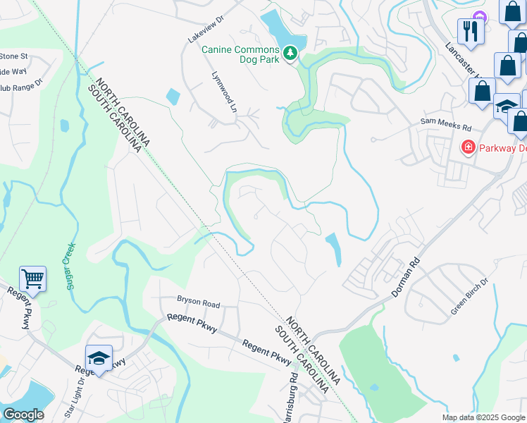 map of restaurants, bars, coffee shops, grocery stores, and more near 2831 Grace Green Court in Pineville