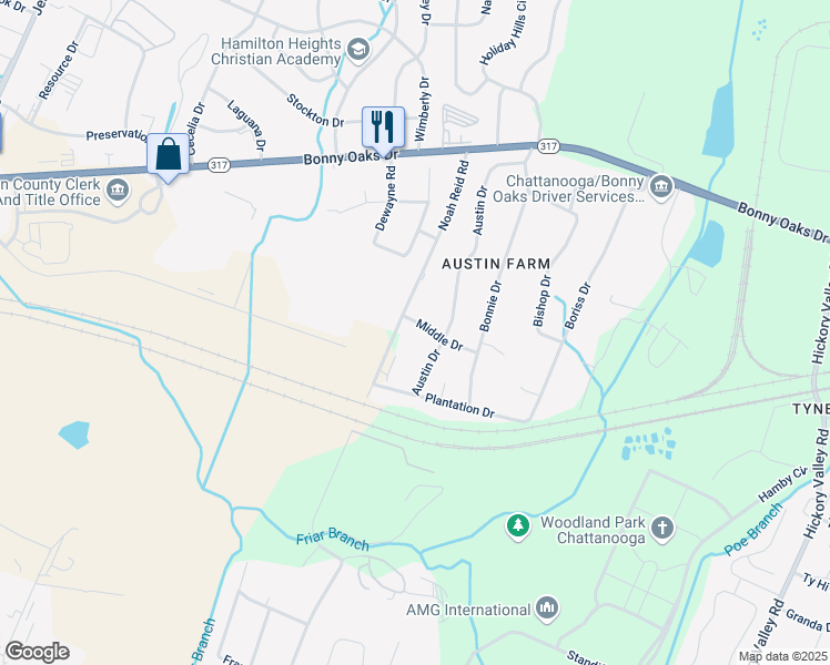 map of restaurants, bars, coffee shops, grocery stores, and more near 7530 Noah Reid Road in Chattanooga
