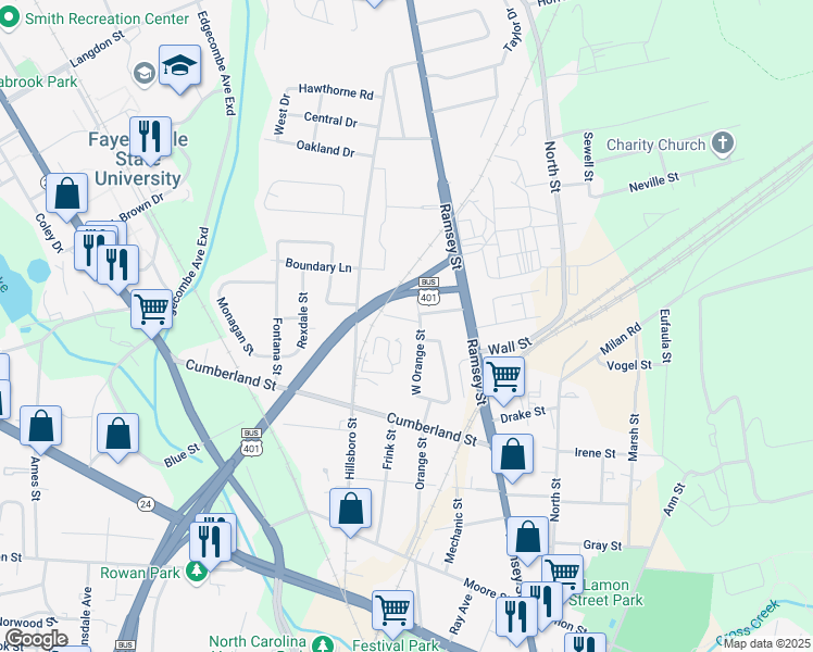 map of restaurants, bars, coffee shops, grocery stores, and more near 305 Plum Street in Fayetteville