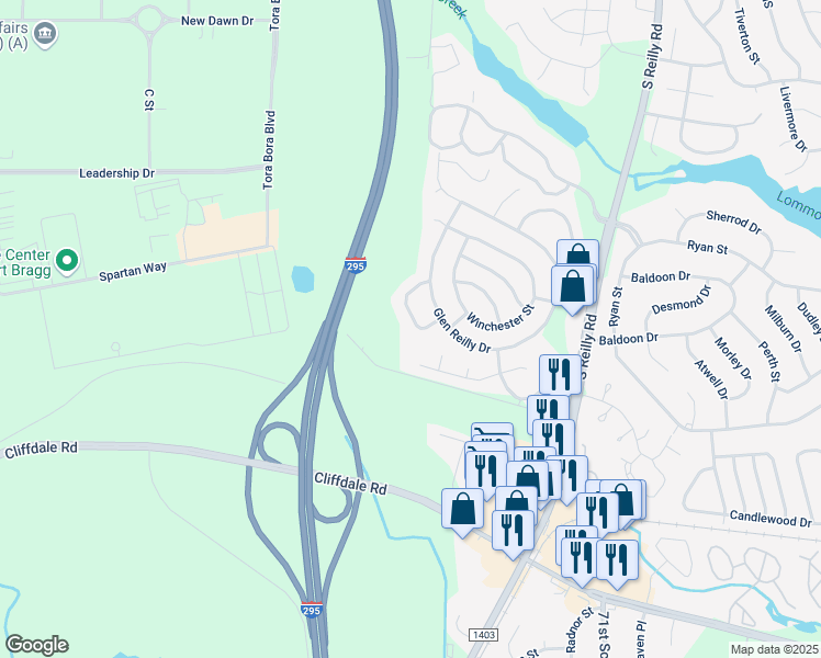 map of restaurants, bars, coffee shops, grocery stores, and more near 6940 Callahan Circle in Fayetteville