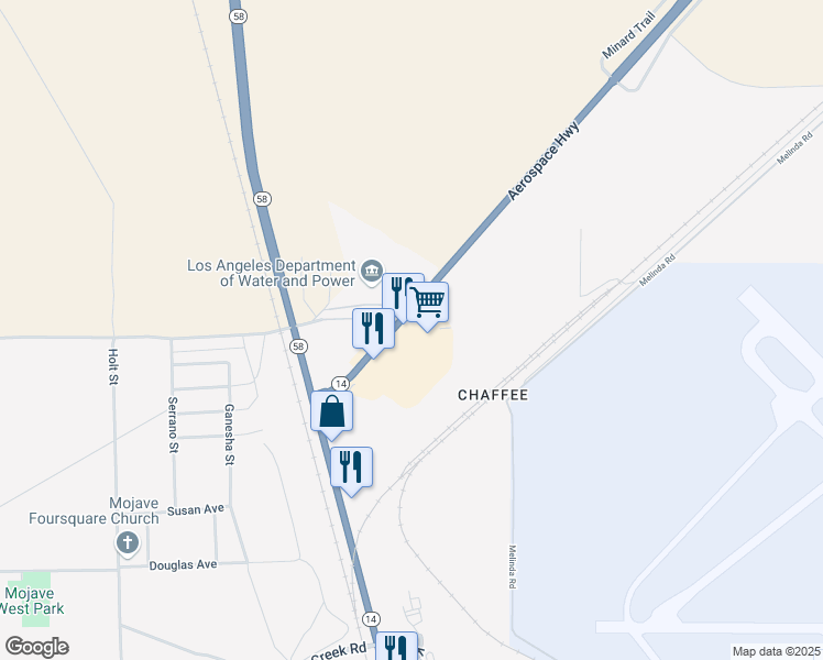 map of restaurants, bars, coffee shops, grocery stores, and more near 16940 California 14 in Mojave