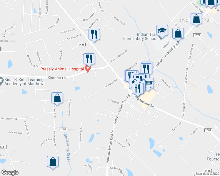 map of restaurants, bars, coffee shops, grocery stores, and more near 133 Woodland Road in Indian Trail