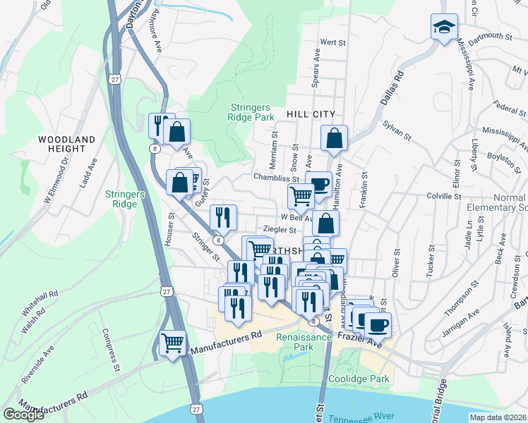 map of restaurants, bars, coffee shops, grocery stores, and more near 315 West Bell Avenue in Chattanooga