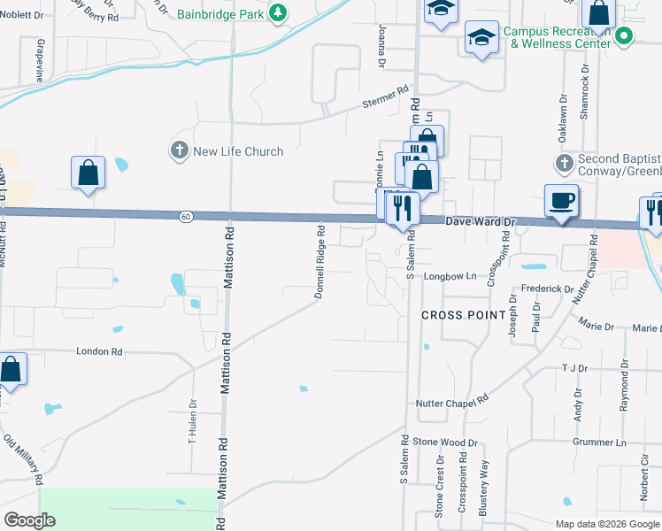 map of restaurants, bars, coffee shops, grocery stores, and more near 3090 Napa Valley Drive in Conway
