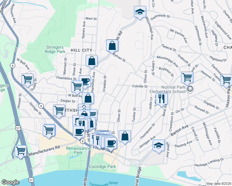 map of restaurants, bars, coffee shops, grocery stores, and more near 605 Forest Avenue in Chattanooga