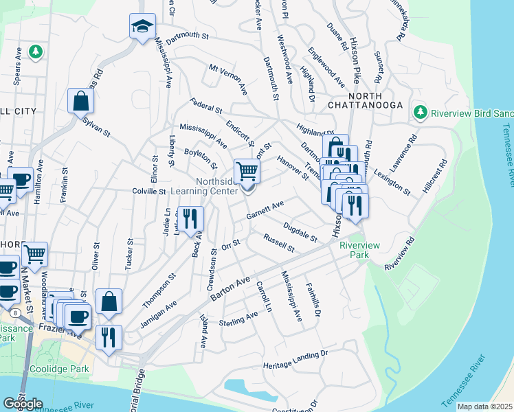 map of restaurants, bars, coffee shops, grocery stores, and more near 1009 Mississippi Avenue in Chattanooga