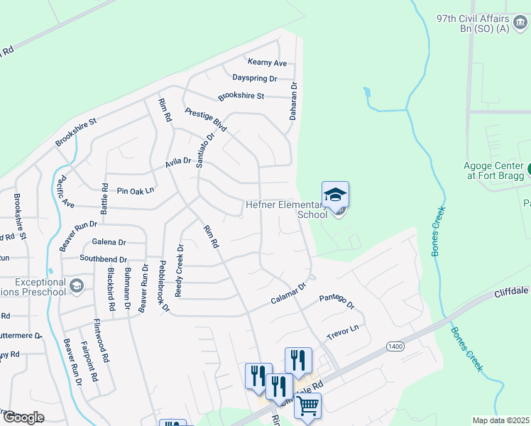 map of restaurants, bars, coffee shops, grocery stores, and more near 725 Prestige Boulevard in Fayetteville