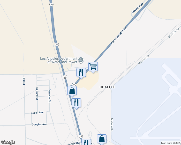 map of restaurants, bars, coffee shops, grocery stores, and more near 16940 California 14 in Mojave