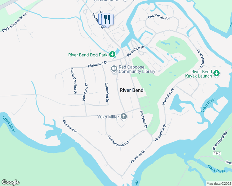 map of restaurants, bars, coffee shops, grocery stores, and more near 127 Wildwood Drive in New Bern
