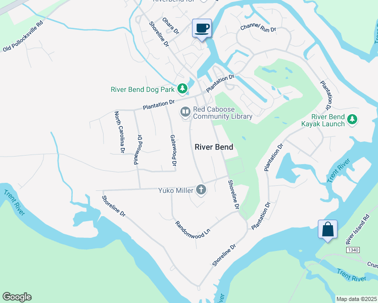 map of restaurants, bars, coffee shops, grocery stores, and more near 127 Wildwood Drive in New Bern