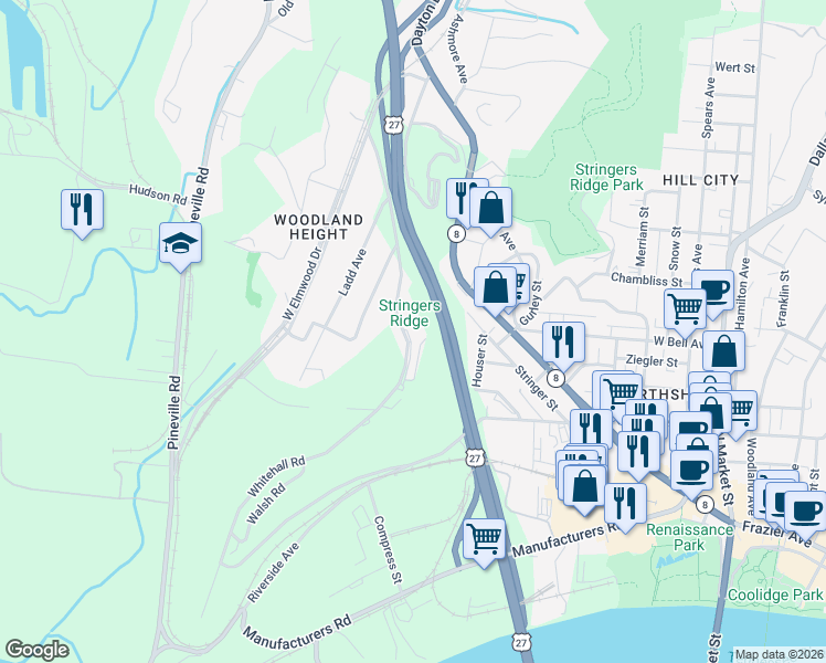 map of restaurants, bars, coffee shops, grocery stores, and more near 561 Whitehall Road in Chattanooga