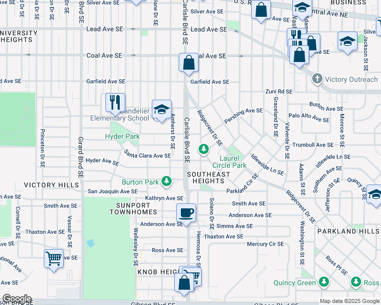 map of restaurants, bars, coffee shops, grocery stores, and more near 723 Parkland Circle Southeast in Albuquerque