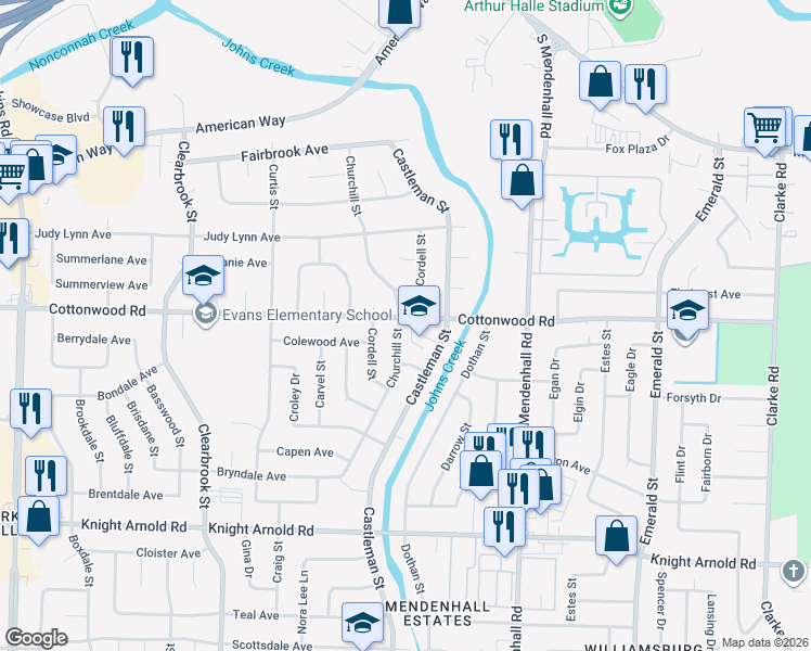 map of restaurants, bars, coffee shops, grocery stores, and more near 2938 Churchill Street in Memphis