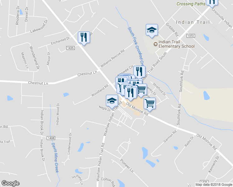 map of restaurants, bars, coffee shops, grocery stores, and more near 4216 Old Monroe Road in Indian Trail