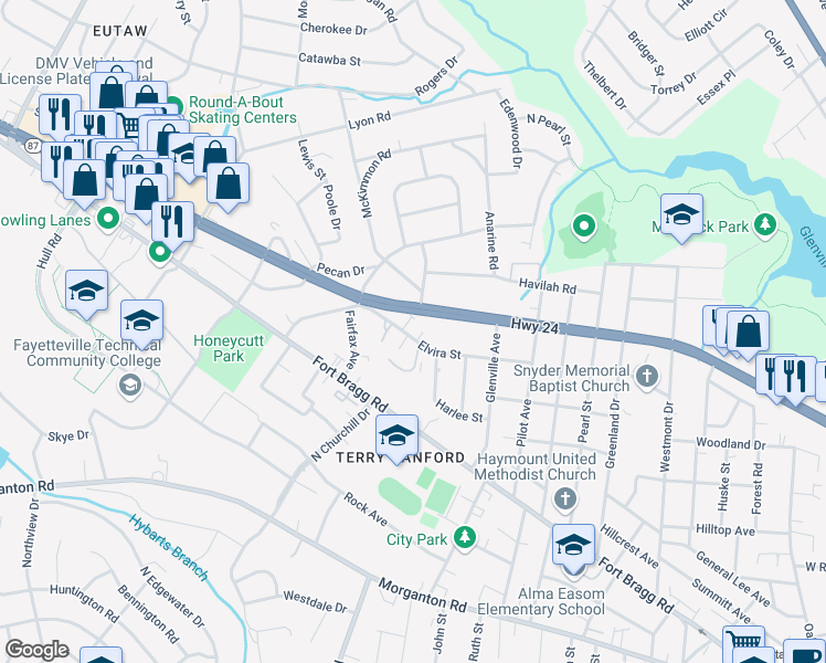map of restaurants, bars, coffee shops, grocery stores, and more near 2112 Elvira Street in Fayetteville