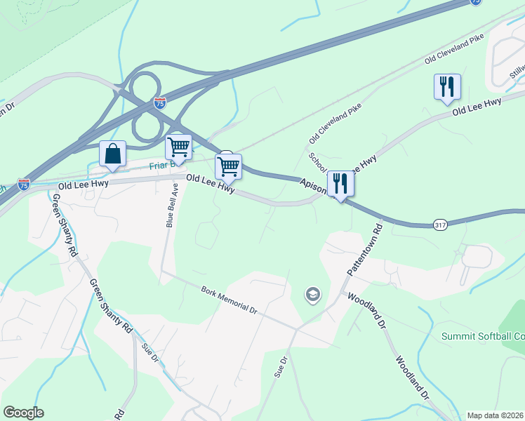 map of restaurants, bars, coffee shops, grocery stores, and more near 8062 Old Lee Highway in Ooltewah