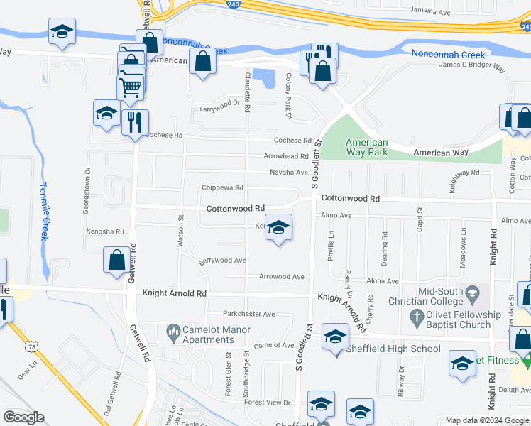 map of restaurants, bars, coffee shops, grocery stores, and more near 4179 Cottonwood Road in Memphis