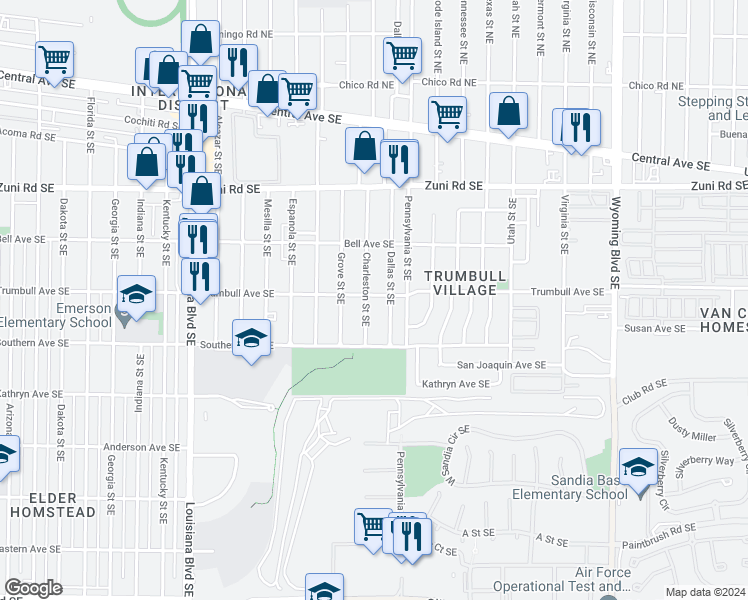 map of restaurants, bars, coffee shops, grocery stores, and more near 509 Charleston Street Southeast in Albuquerque