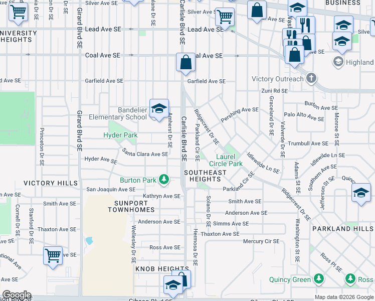 map of restaurants, bars, coffee shops, grocery stores, and more near 723 Parkland Circle Southeast in Albuquerque