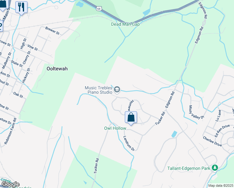 map of restaurants, bars, coffee shops, grocery stores, and more near 5576 Jonquil Lane in Ooltewah
