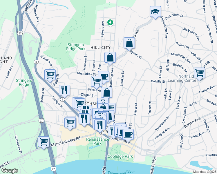 map of restaurants, bars, coffee shops, grocery stores, and more near 619 Mckendrick Lane in Chattanooga