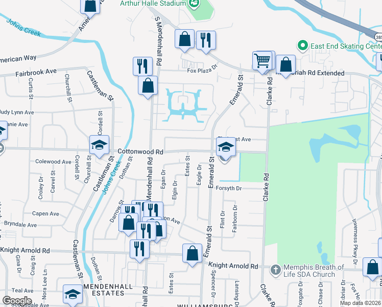 map of restaurants, bars, coffee shops, grocery stores, and more near 2951 Eagle Drive in Memphis