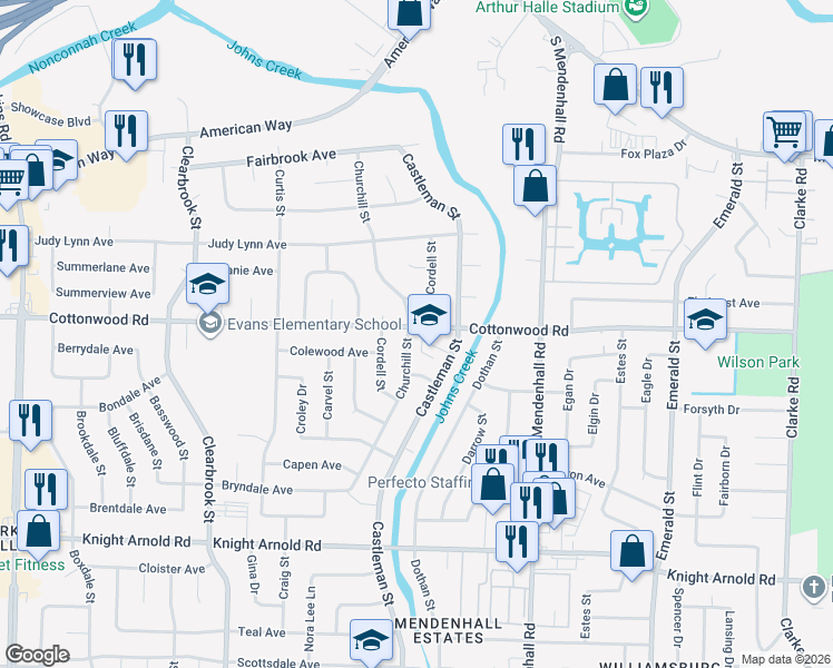 map of restaurants, bars, coffee shops, grocery stores, and more near 2938 Churchill Street in Memphis