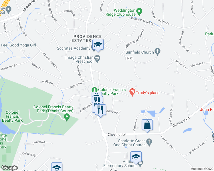 map of restaurants, bars, coffee shops, grocery stores, and more near 927 ButterBurr Dr in Matthews
