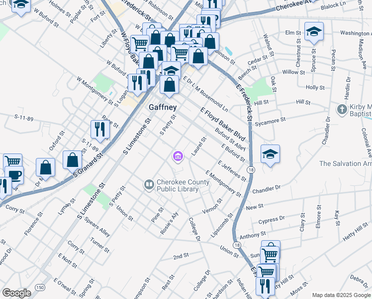 map of restaurants, bars, coffee shops, grocery stores, and more near 322 East Montgomery Street in Gaffney