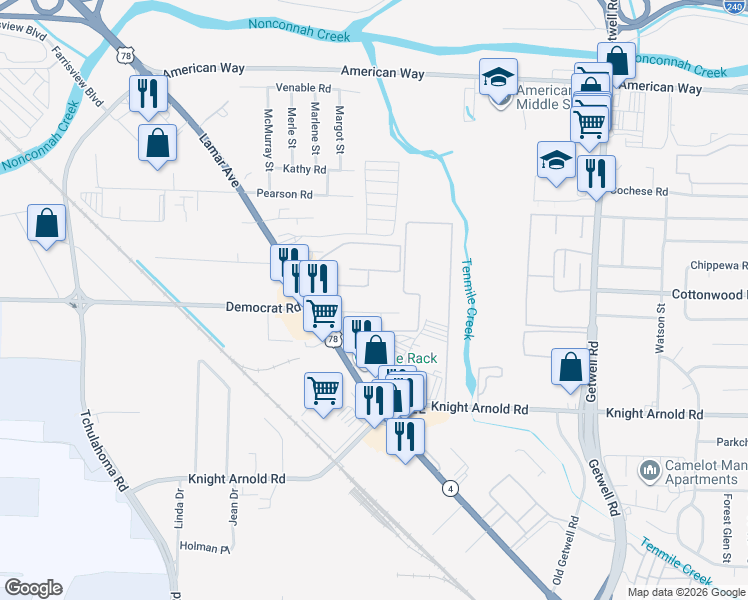 map of restaurants, bars, coffee shops, grocery stores, and more near 3658 Democrat Road in Memphis