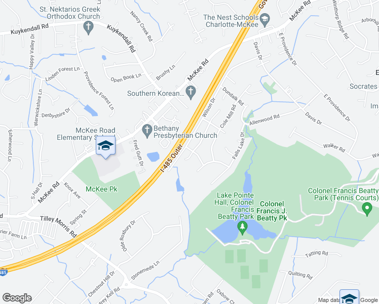 map of restaurants, bars, coffee shops, grocery stores, and more near 6131 Gatesville Lane in Charlotte