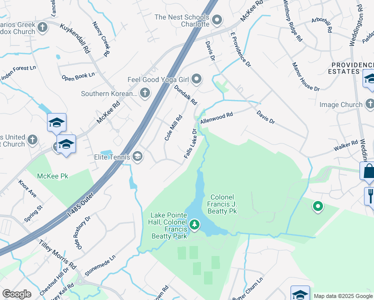 map of restaurants, bars, coffee shops, grocery stores, and more near 4033 Raven Rock Court in Charlotte