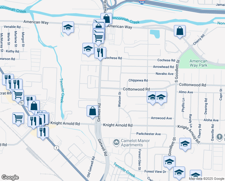 map of restaurants, bars, coffee shops, grocery stores, and more near 3995 Comanche Road in Memphis